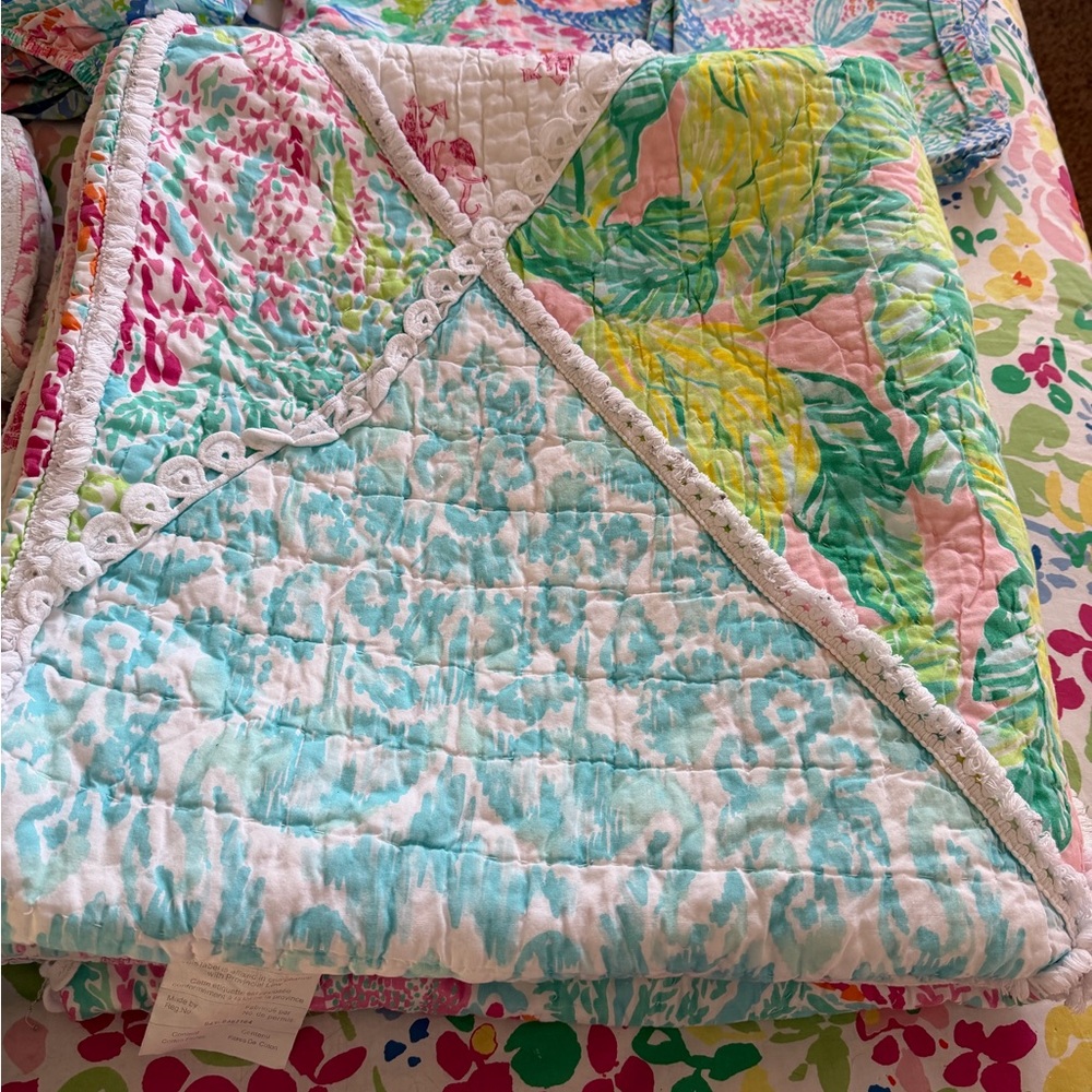 Lilly Pulitzer Pottery Barn Quilt, pillow shams, sheet set, throw blanket